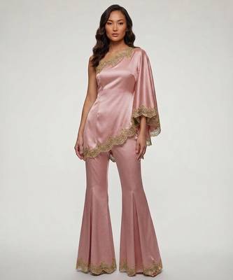 Blush pink embroidered satin co ord set 1