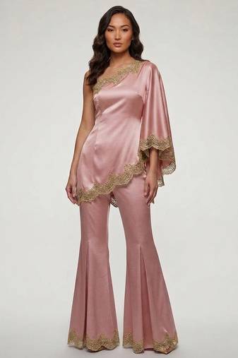 Blush pink embroidered satin co ord set