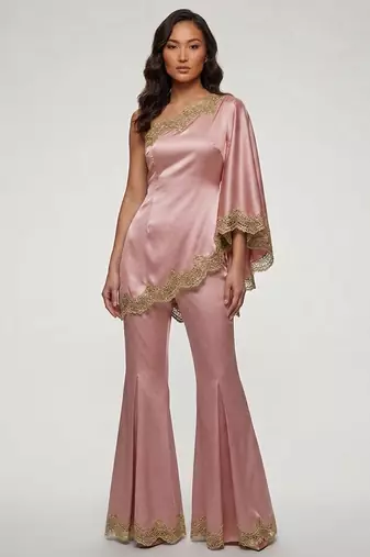 Blush pink embroidered satin co ord set