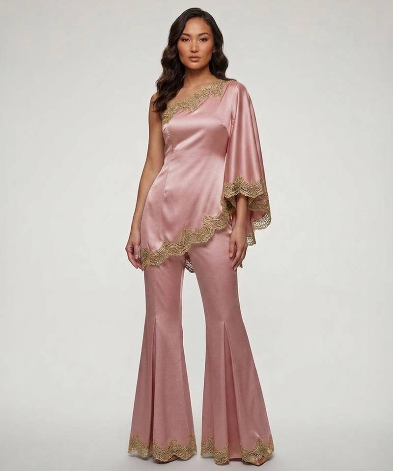 Blush pink embroidered satin co ord set