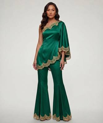 Emerald green embroidered satin co ord set 1
