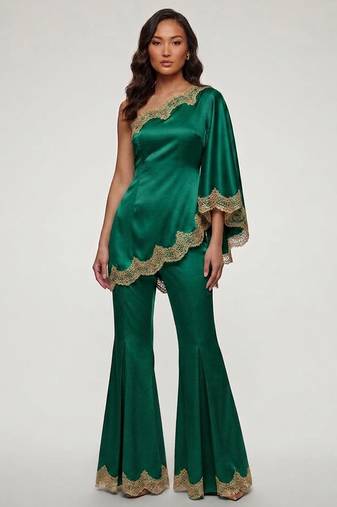 Emerald green embroidered satin co ord set