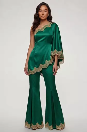Emerald green embroidered satin co ord set