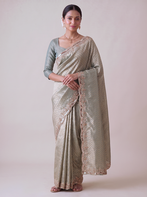 dazzling mint-green embroidery work with real bits work banarasi silk blend latest designer indian saree 1