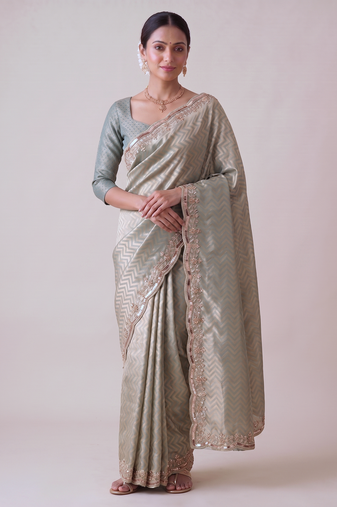 dazzling mint-green embroidery work with real bits work banarasi silk blend latest designer indian saree