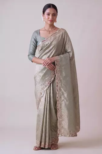 dazzling mint-green embroidery work with real bits work banarasi silk blend latest designer indian saree