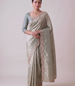 dazzling mint-green embroidery work with real bits work banarasi silk blend latest designer indian saree