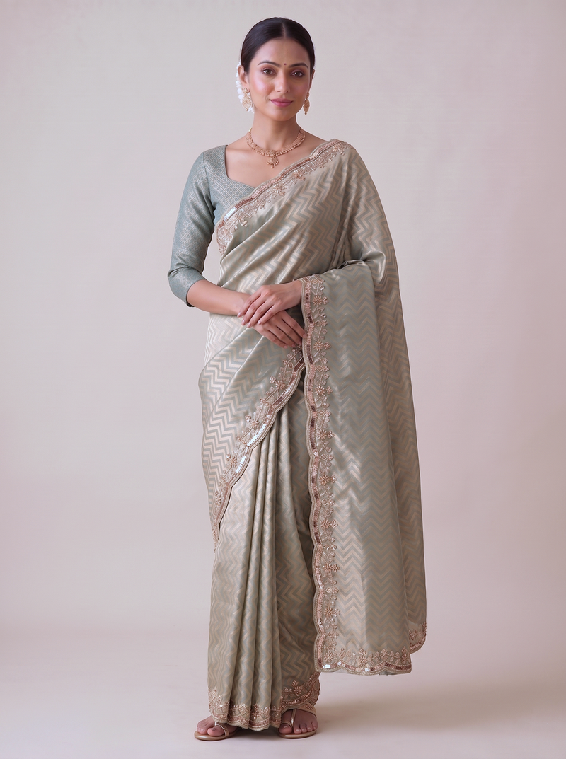 dazzling mint-green embroidery work with real bits work banarasi silk blend latest designer indian saree