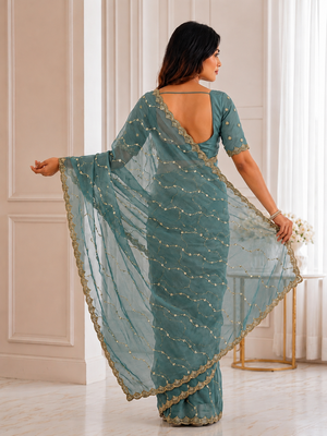 fetching sea-green embroidery work with real bits work fendy satin latest designer indian saree 2