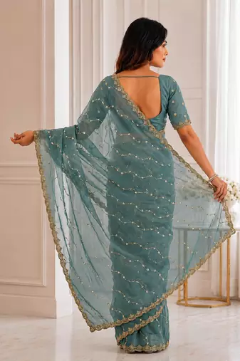 fetching sea-green embroidery work with real bits work fendy satin latest designer indian saree