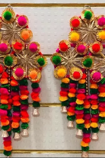 multicolor pom-pom gota chakri jali chudi hanging with tassels festival decoration pack of 2