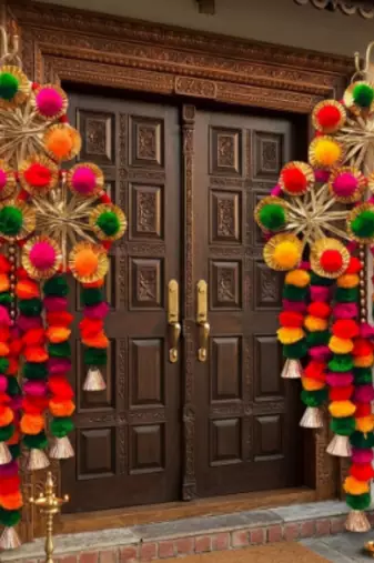 multicolor pom-pom gota chakri jali chudi hanging with tassels festival decoration pack of 2