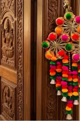 multicolor pom-pom gota chakri jali chudi hanging with tassels festival decoration pack of 2