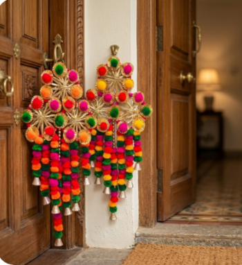 multicolor pom-pom gota chakri jali chudi hanging with tassels festival decoration pack of 2 4