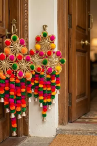 multicolor pom-pom gota chakri jali chudi hanging with tassels festival decoration pack of 2