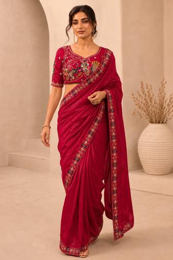 delightfully rani-pink embroidery work with real bits work fendy satin indian wedding and saree