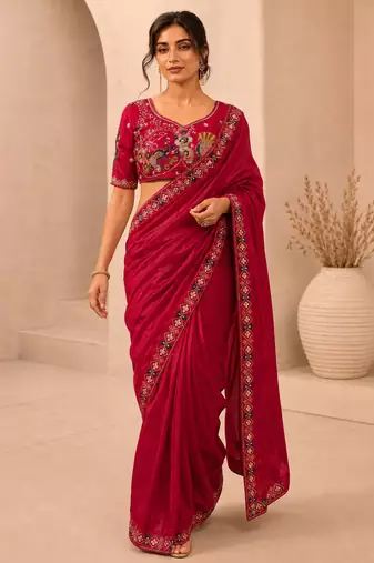 delightfully rani-pink embroidery work with real bits work fendy satin indian wedding and saree