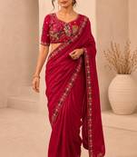 delightfully rani-pink embroidery work with real bits work fendy satin indian wedding and saree