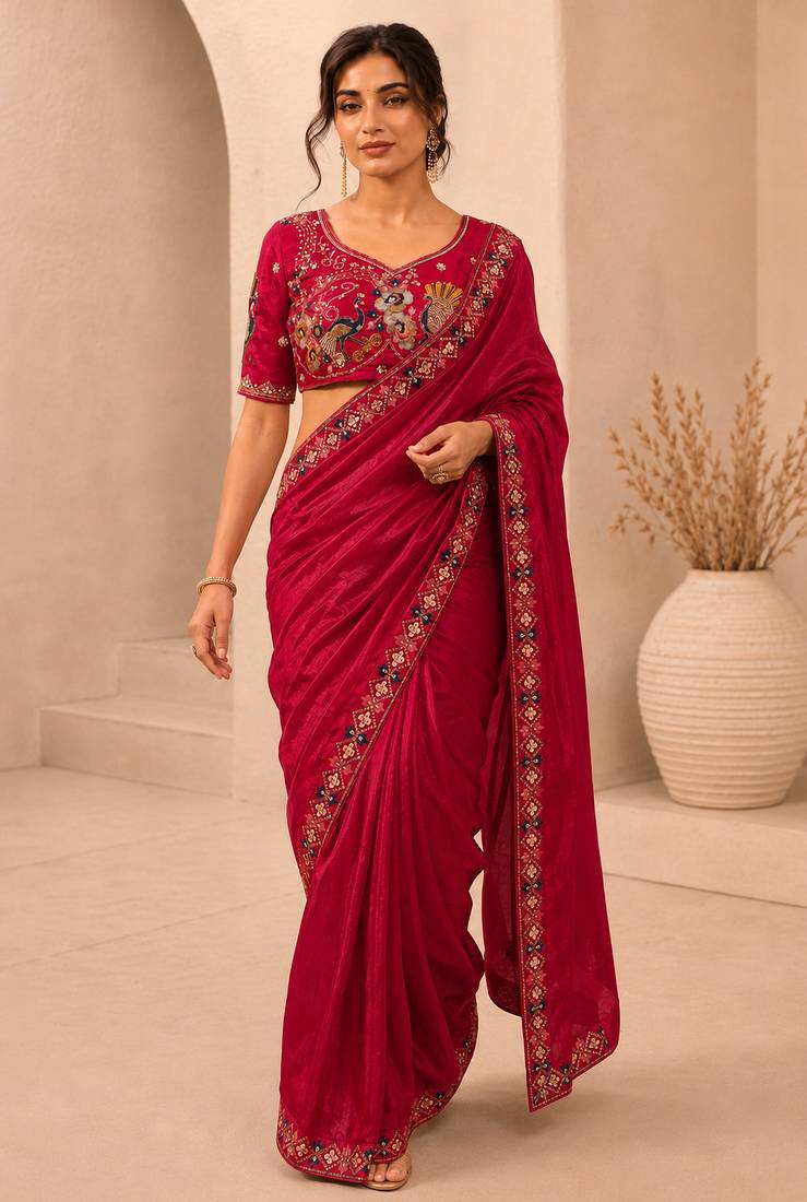 delightfully rani-pink embroidery work with real bits work fendy satin indian wedding and saree