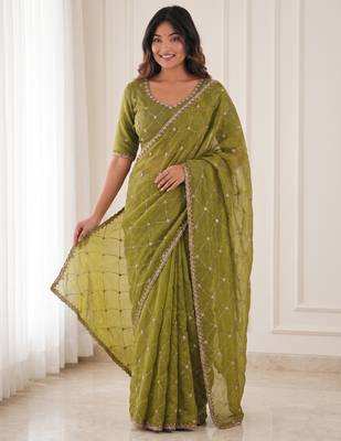 enchanting mahendi embroidery work with real bits work fendy satin indian saree with blouse 1