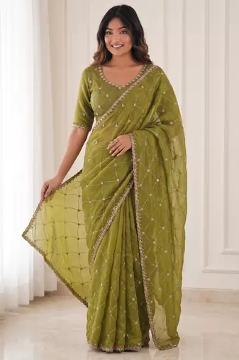 enchanting mahendi embroidery work with real bits work fendy satin indian saree with blouse