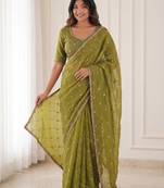 enchanting mahendi embroidery work with real bits work fendy satin indian saree with blouse