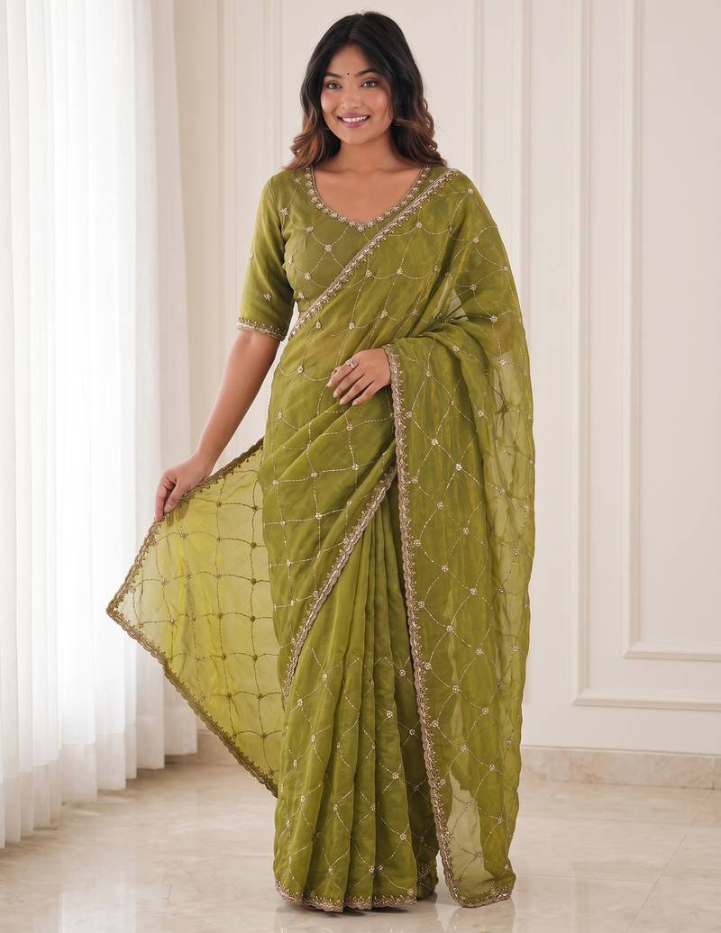 enchanting mahendi embroidery work with real bits work fendy satin indian saree with blouse