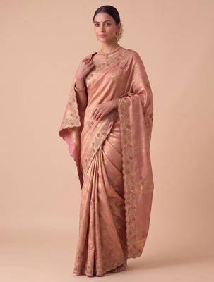spellbinding olive green embroidery work with real bits work banarasi silk blend indian designer wedding saree 1