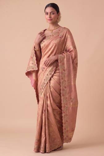 spellbinding olive green embroidery work with real bits work banarasi silk blend indian designer wedding saree