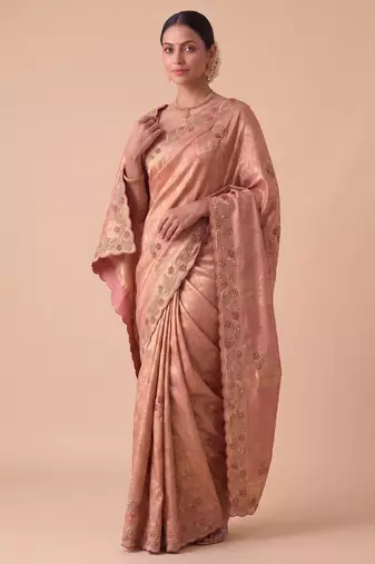 spellbinding olive green embroidery work with real bits work banarasi silk blend indian designer wedding saree