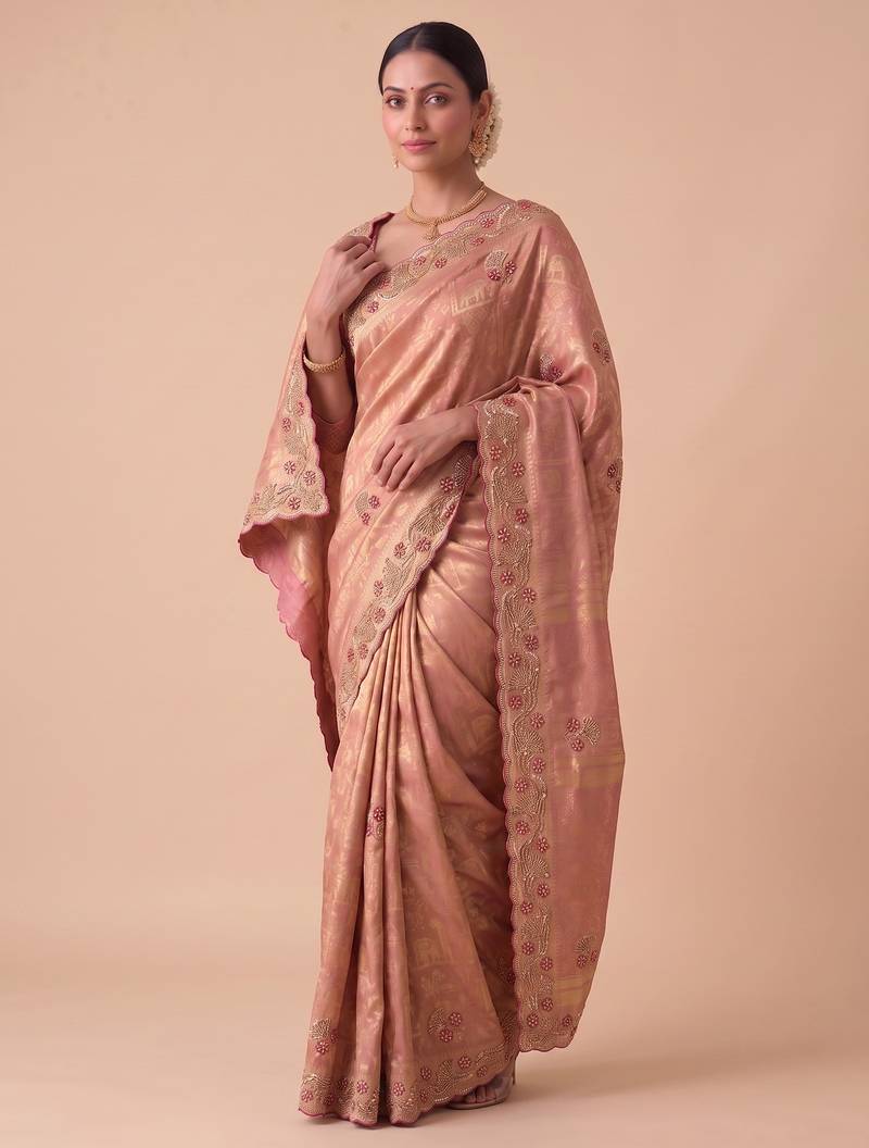 spellbinding olive green embroidery work with real bits work banarasi silk blend indian designer wedding saree