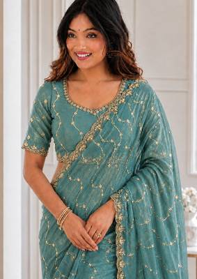 fetching sea-green embroidery work with real bits work fendy satin latest designer indian saree 3