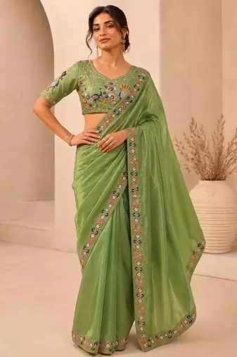 captivating pista green embroidery work with real bits work fendy satin latest designer indian ceremonial saree