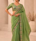 captivating pista green embroidery work with real bits work fendy satin latest designer indian ceremonial saree