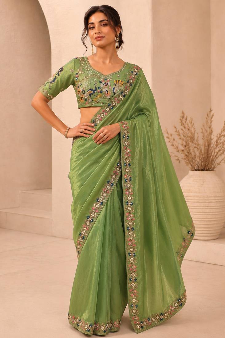 captivating pista green embroidery work with real bits work fendy satin latest designer indian ceremonial saree