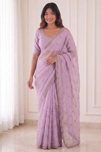 mesmerizing purple embroidery work with real bits work fendy satin latest designer indian saree