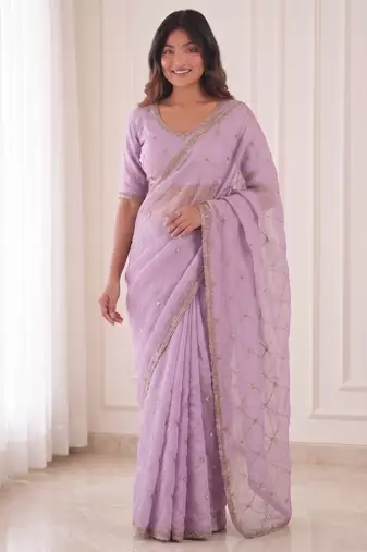 mesmerizing purple embroidery work with real bits work fendy satin latest designer indian saree