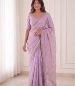 mesmerizing purple embroidery work with real bits work fendy satin latest designer indian saree