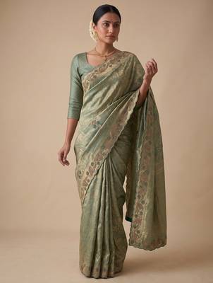 enthralling sea-green embroidery work with real bits work banarasi silk blend latest designer indian saree 1