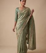 enthralling sea-green embroidery work with real bits work banarasi silk blend latest designer indian saree