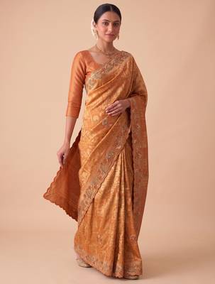 ravishing rust orange embroidery work with real bits work banarasi silk blend latest designer indian saree 1