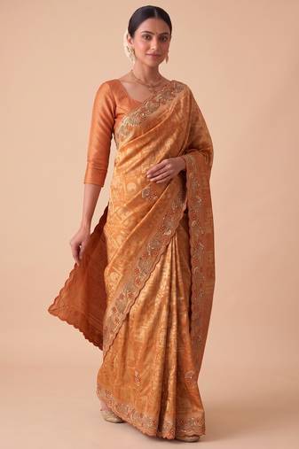 ravishing rust orange embroidery work with real bits work banarasi silk blend latest designer indian saree