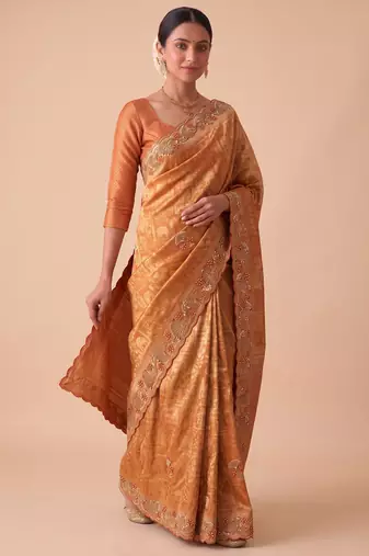 ravishing rust orange embroidery work with real bits work banarasi silk blend latest designer indian saree