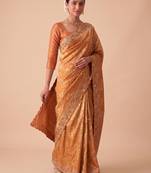 ravishing rust orange embroidery work with real bits work banarasi silk blend latest designer indian saree