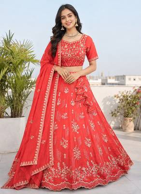 Coral Red Floral Embroidered Crush Silk Lehenga Choli With Dupatta 1