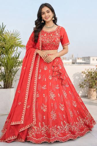 Coral Red Floral Embroidered Crush Silk Lehenga Choli With Dupatta