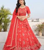 Coral Red Floral Embroidered Crush Silk Lehenga Choli With Dupatta