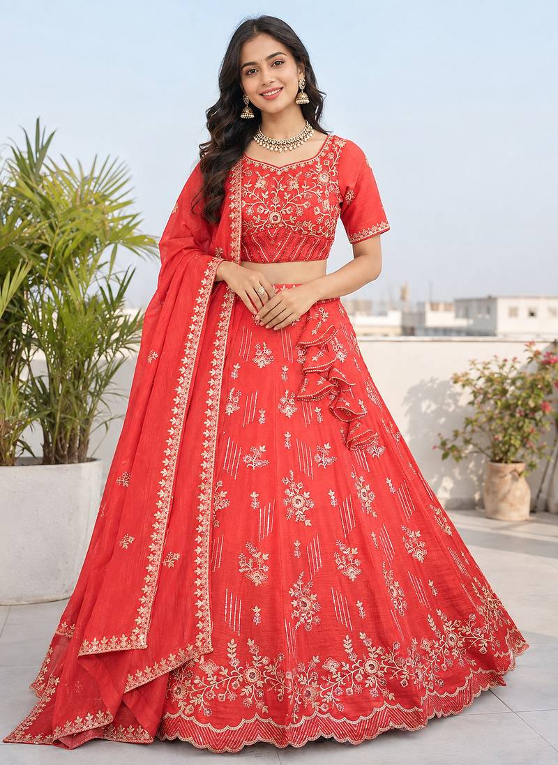 Coral Red Floral Embroidered Crush Silk Lehenga Choli With Dupatta