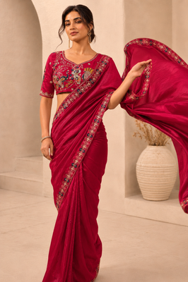 delightfully rani-pink embroidery work with real bits work fendy satin indian wedding and saree 2