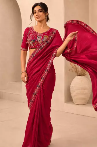 delightfully rani-pink embroidery work with real bits work fendy satin indian wedding and saree